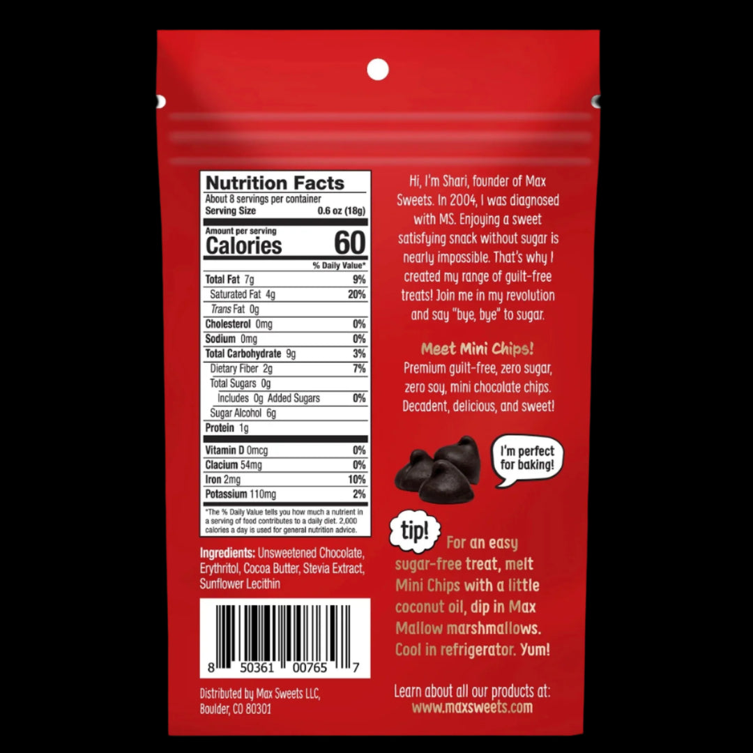 Max Sweets Zero Sugar Dark Chocolate Chips back view